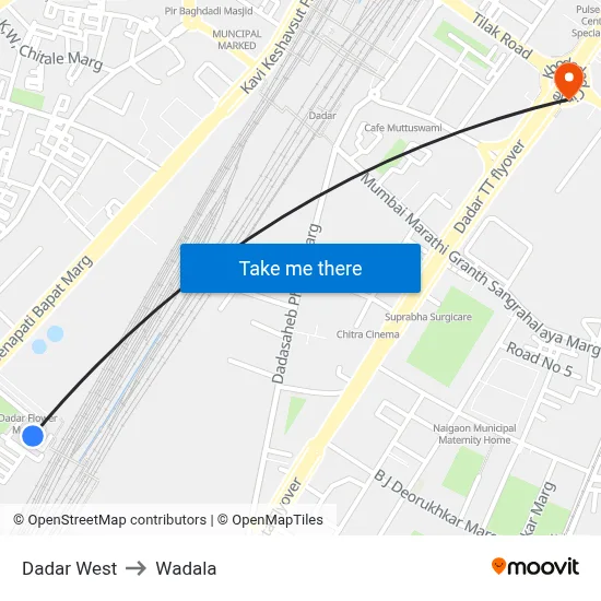 Dadar West to Wadala map
