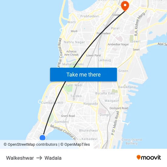 Walkeshwar to Wadala map
