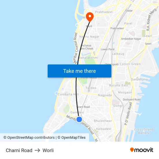 Charni Road to Worli map