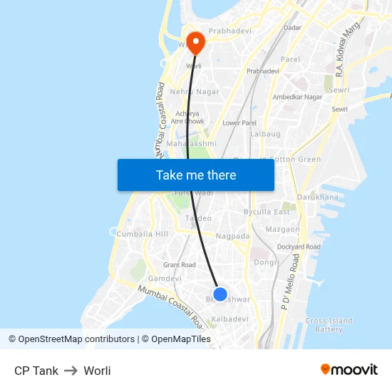 CP Tank to Worli map