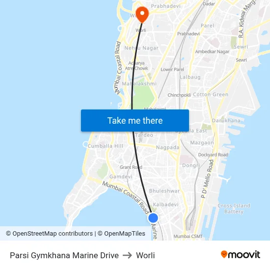 Parsi Gymkhana Marine Drive to Worli map