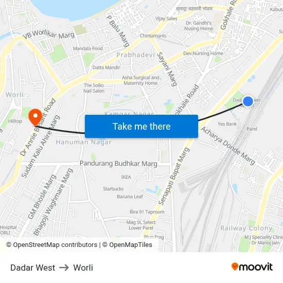 Dadar West to Worli map