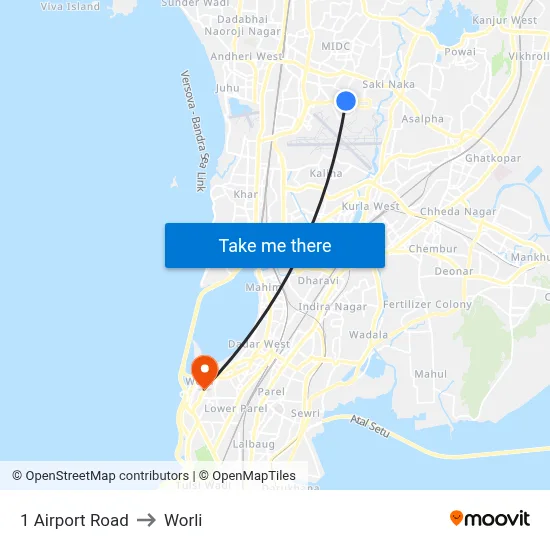 1 Airport Road to Worli map