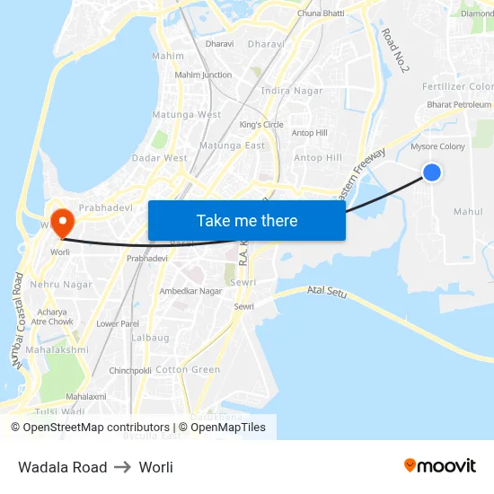 Wadala Road to Worli map