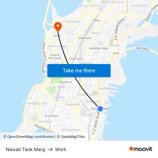 Nawab Tank Marg to Worli map