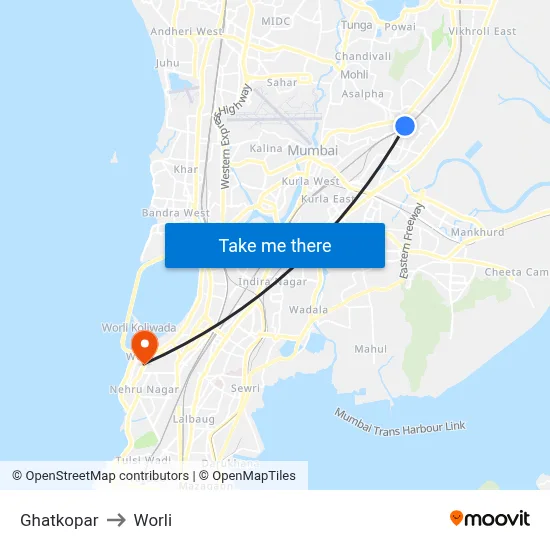 Ghatkopar to Worli map