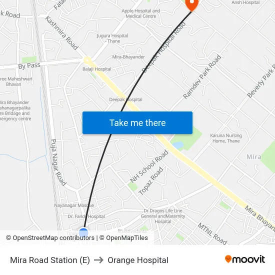 Mira Road Station (E) to Orange Hospital map