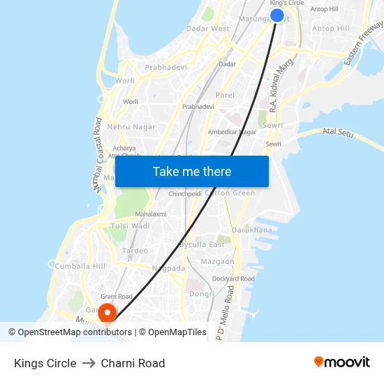 Kings Circle to Charni Road map
