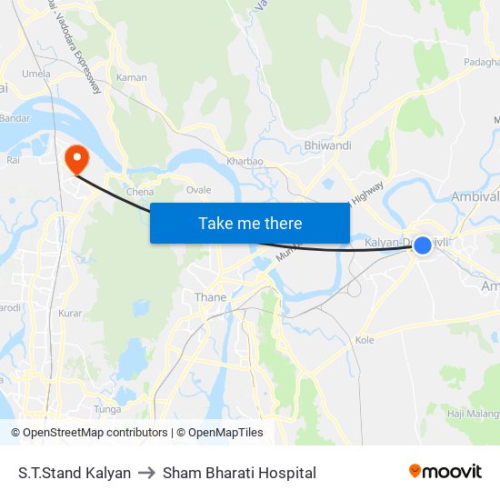 S.T.Stand Kalyan to Sham Bharati Hospital map