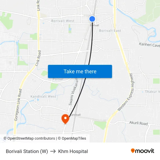 Borivali Station (W) to Khm Hospital map