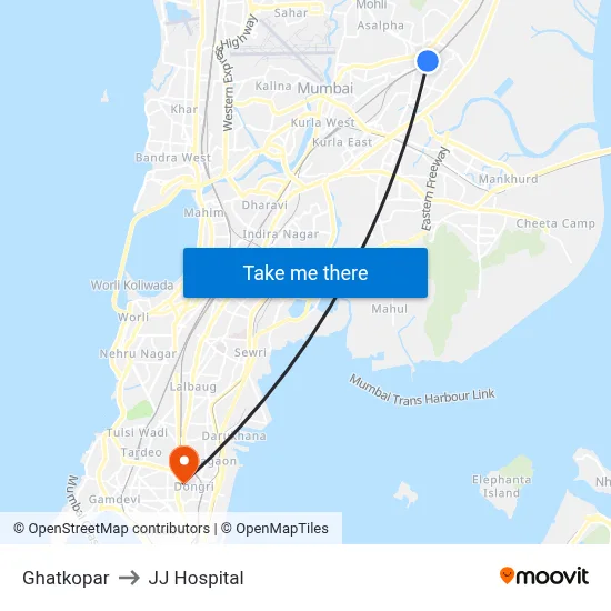 Ghatkopar to JJ Hospital map