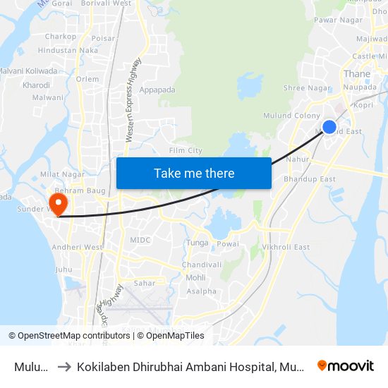 Mulund to Kokilaben Dhirubhai Ambani Hospital, Mumbai map