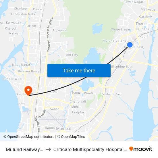 Mulund Railway Station (W) to Criticare Multispeciality Hospital And Research Centre map