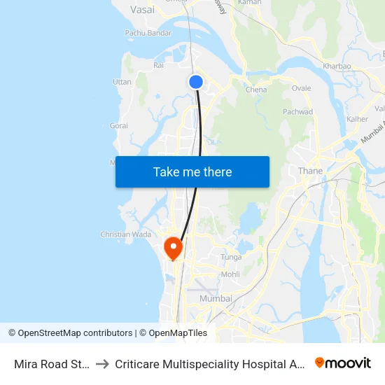 Mira Road Station (E) to Criticare Multispeciality Hospital And Research Centre map