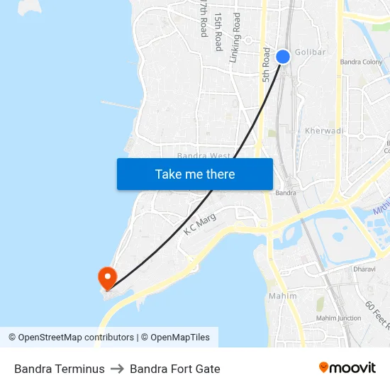 Bandra Terminus to Bandra Fort Gate map
