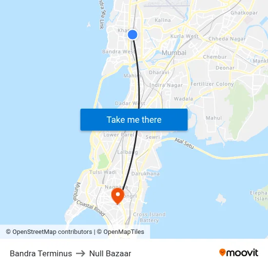 Bandra Terminus to Null Bazaar map