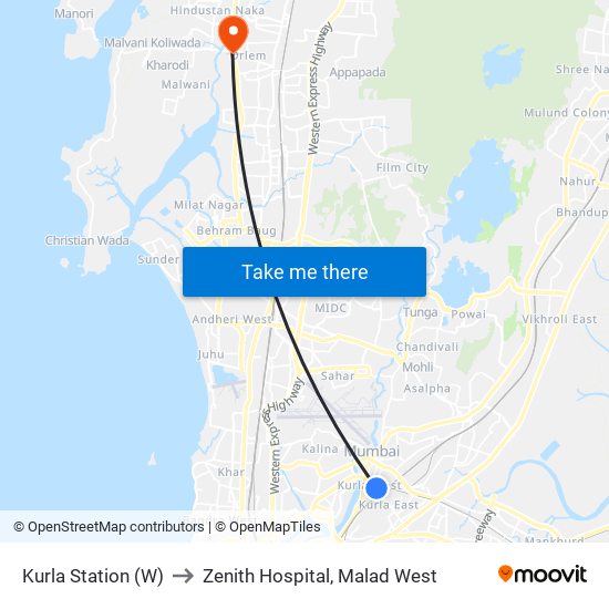 Kurla Station (W) to Zenith Hospital, Malad West map