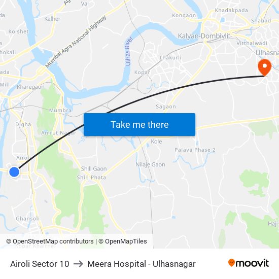 Airoli Sector 10 to Meera Hospital - Ulhasnagar map