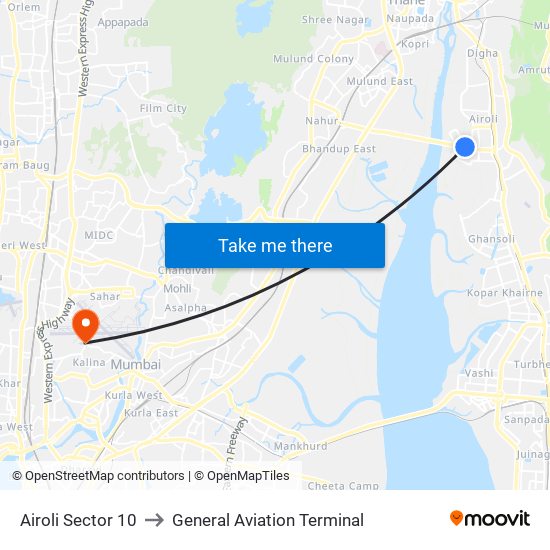 Airoli Sector 10 to General Aviation Terminal map