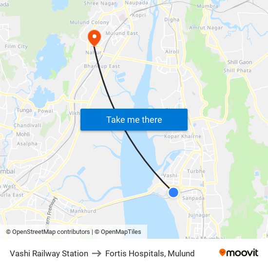 Vashi Railway Station to Fortis Hospitals, Mulund map