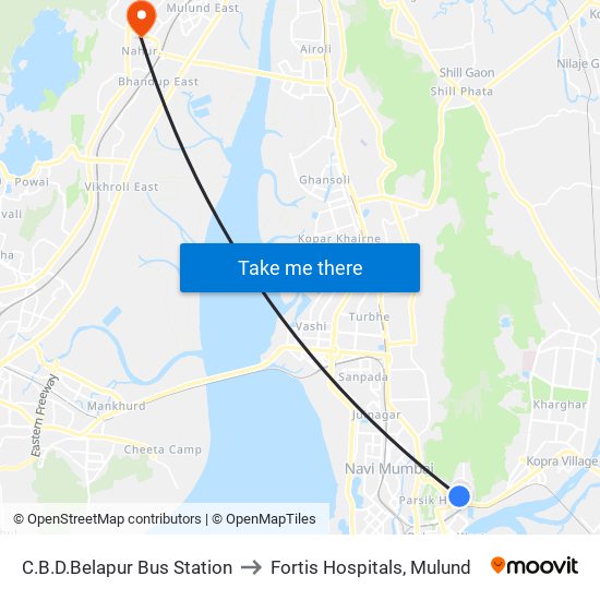 C.B.D.Belapur Bus Station to Fortis Hospitals, Mulund map