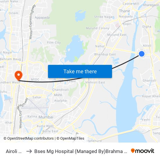 Airoli Sector 10 to Bses Mg Hospital (Managed By)Brahma Kumari Global Hospital And Res Center map