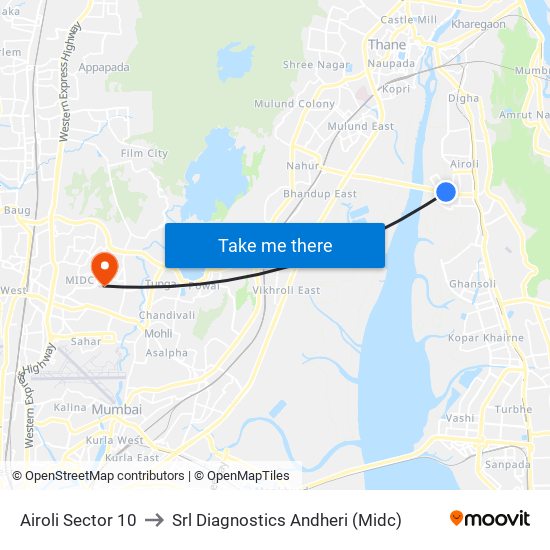 Airoli Sector 10 to Srl Diagnostics Andheri (Midc) map