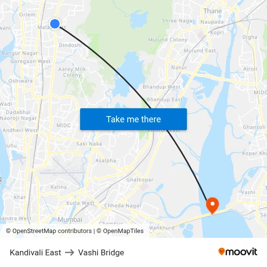 Kandivali East to Vashi Bridge map