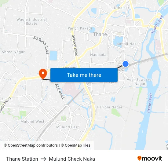 Thane Station to Mulund Check Naka map