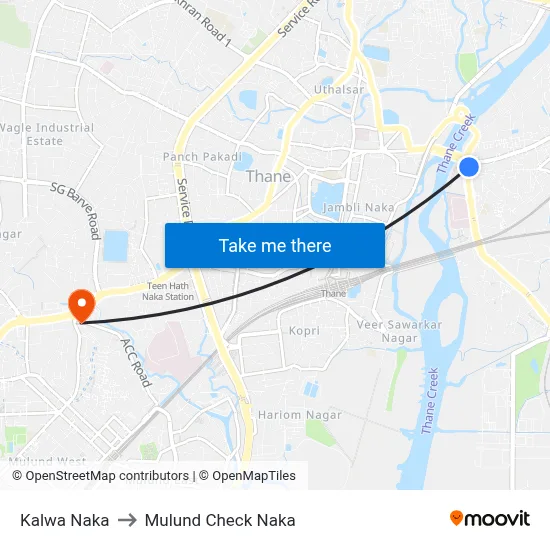 Kalwa Naka to Mulund Check Naka map