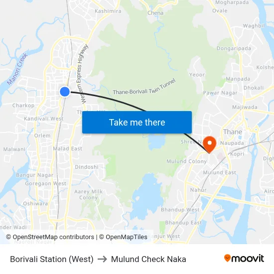 Borivali Station (West) to Mulund Check Naka map
