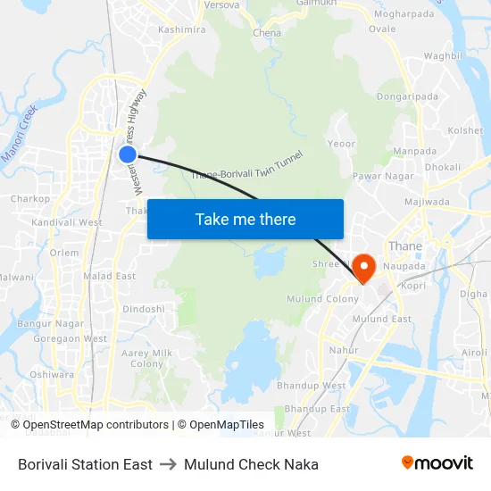 Borivali Station East to Mulund Check Naka map