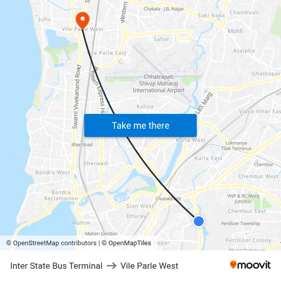 Inter State Bus Terminal to Vile Parle West map