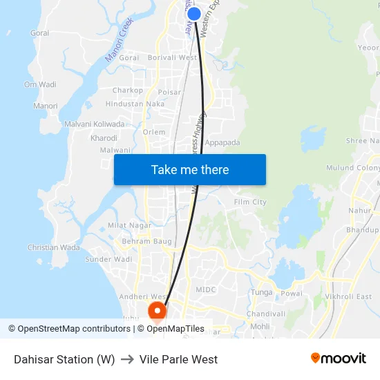 Dahisar Station (W) to Vile Parle West map
