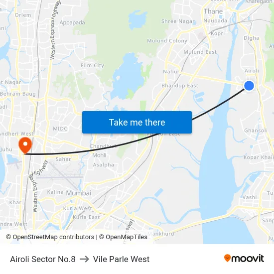 Airoli Sector No.8 to Vile Parle West map