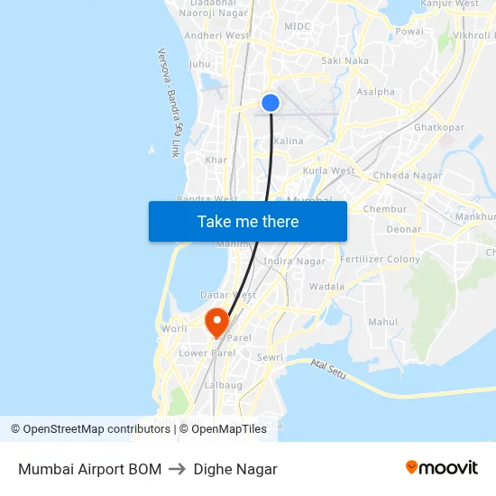 Mumbai Airport BOM to Dighe Nagar map
