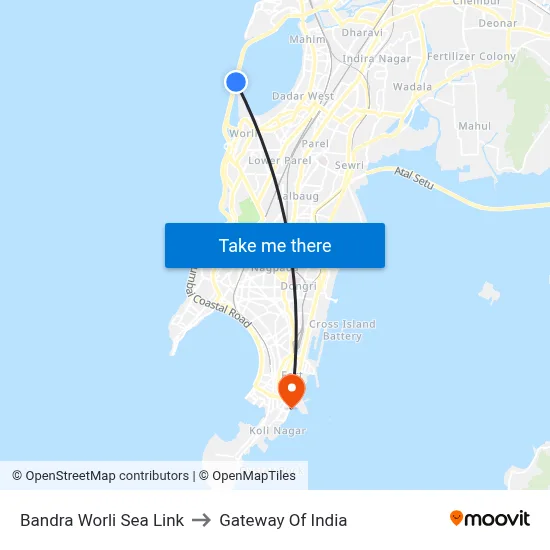 Bandra Worli Sea Link to Gateway Of India map