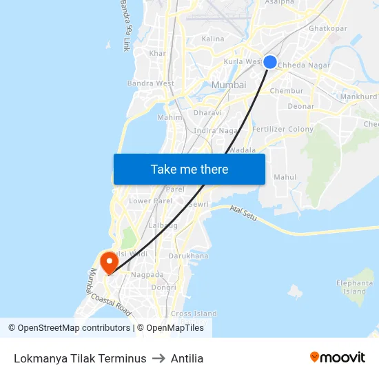 Lokmanya Tilak Terminus to Antilia map