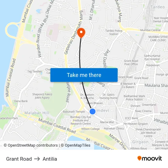 Grant Road to Antilia map