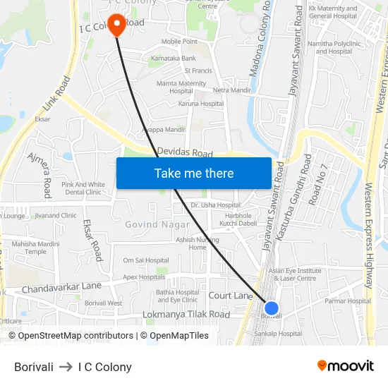 Borivali to I C Colony map