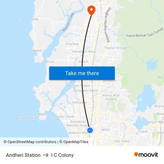 Andheri Station to I C Colony map