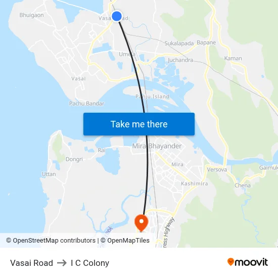 Vasai Road to I C Colony map