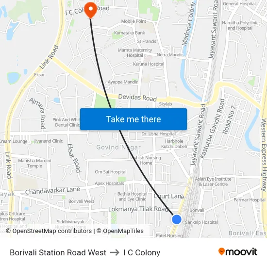 Borivali Station Road West to I C Colony map