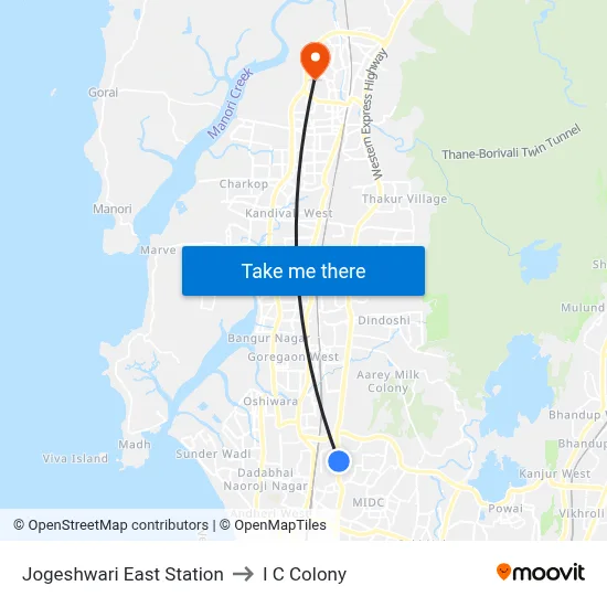 Jogeshwari East Station to I C Colony map