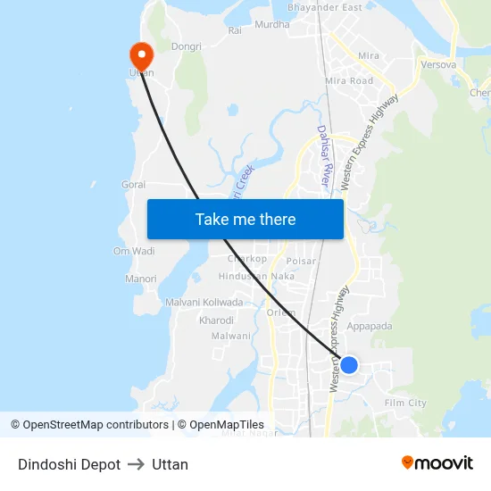 Dindoshi Depot to Uttan map