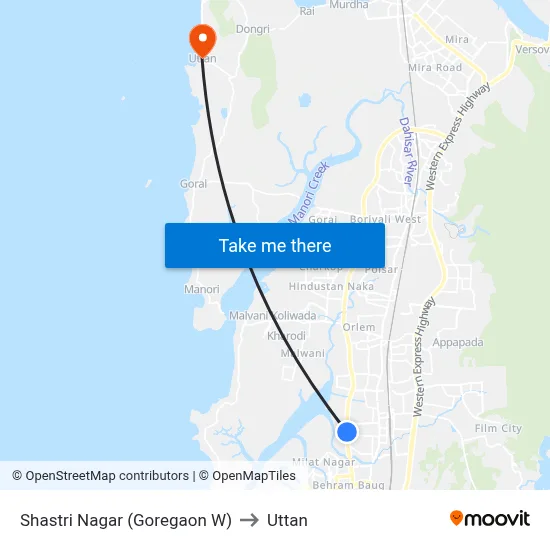 Shastri Nagar (Goregaon W) to Uttan map