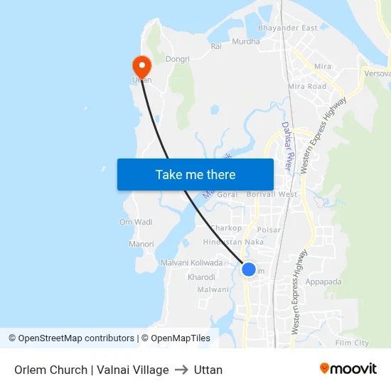 Orlem Church | Valnai Village to Uttan map
