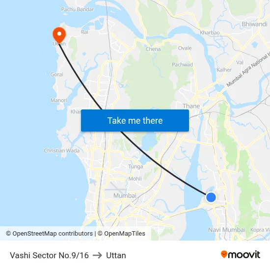 Vashi Sector No.9/16 to Uttan map