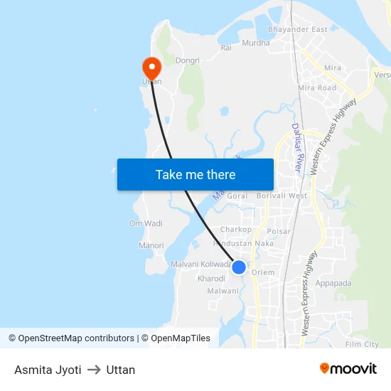 Asmita Jyoti to Uttan map