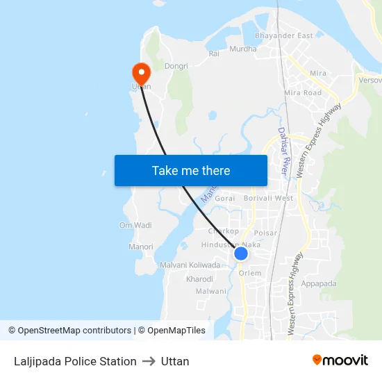 Laljipada Police Station to Uttan map